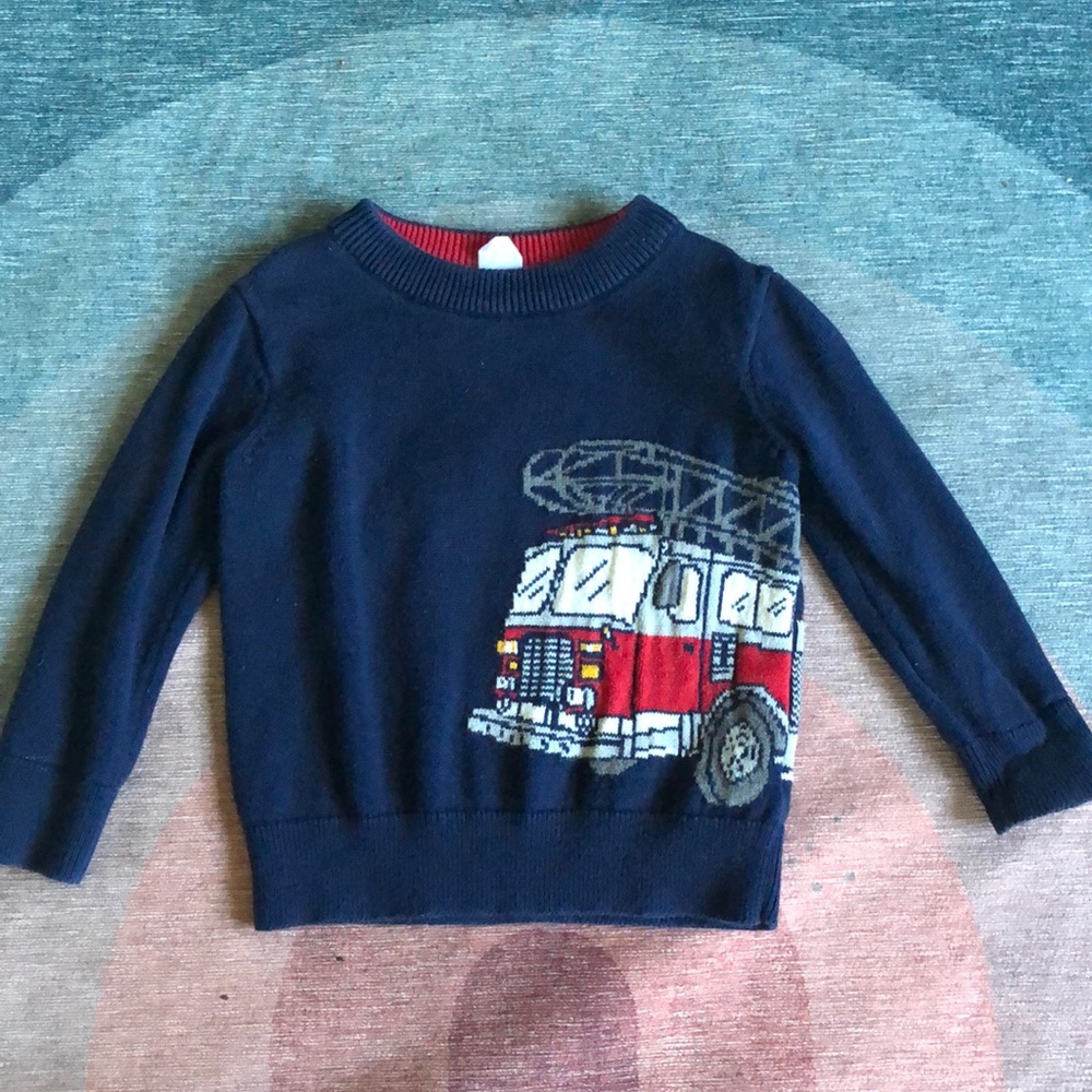 GAP Navy Blue Kids Sweatshirt with Red Fire Truck Graphic